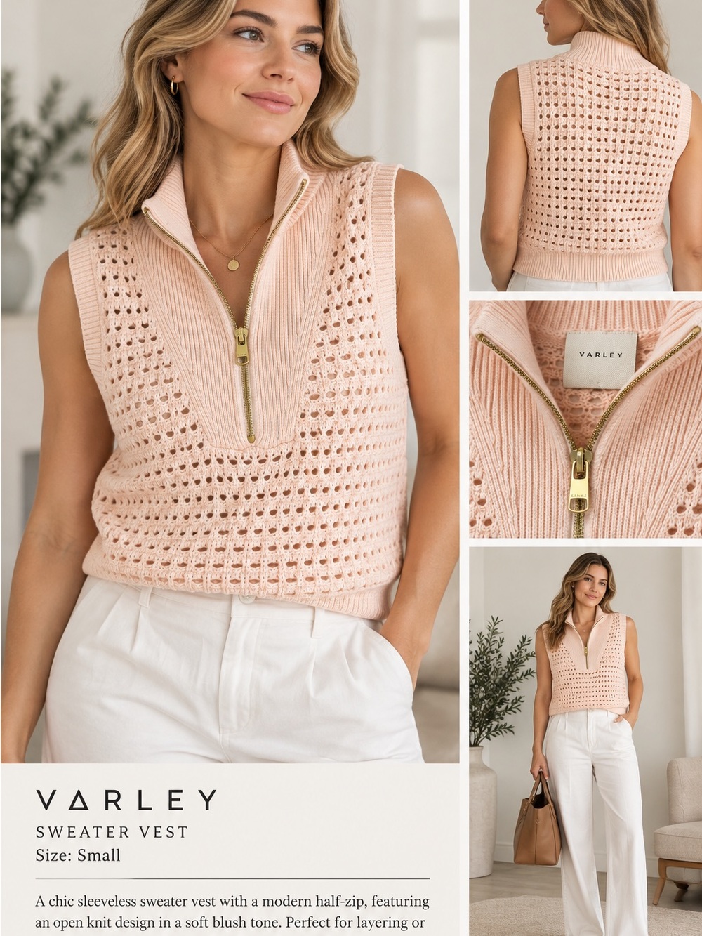 Varley Open Knit Half-Zip Sweater Vest – Size Small 100% Cotton